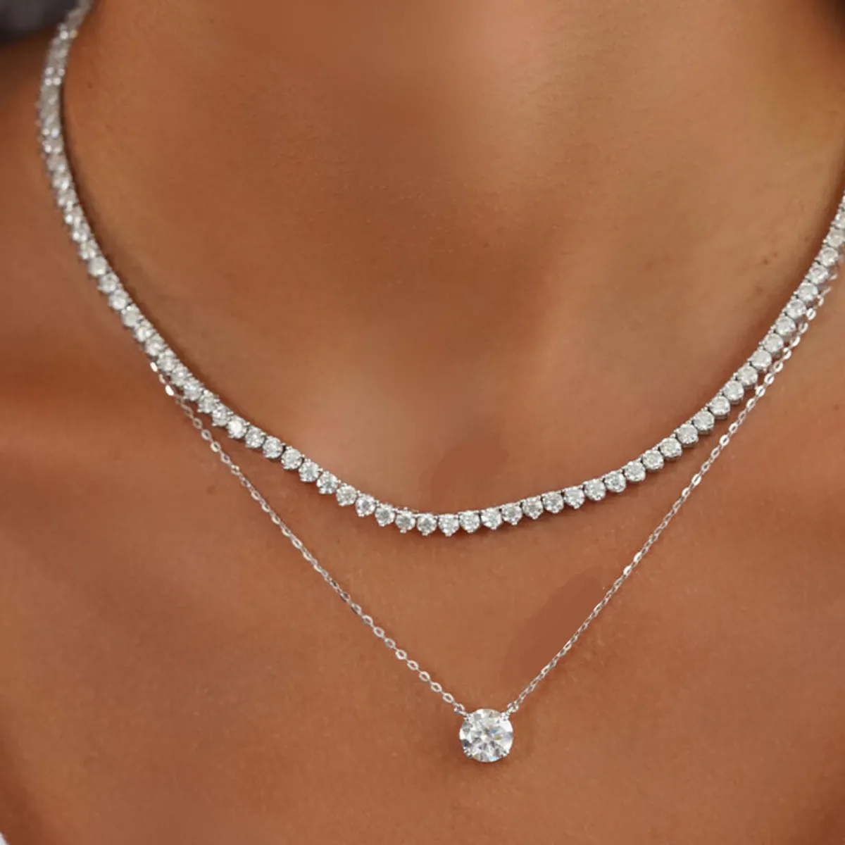 Colar Riviera Moissanite VVS1 3 Pontas em Prata com Ródio